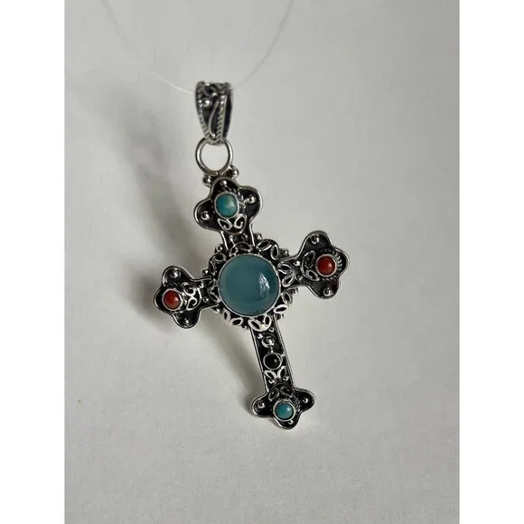 Handcrafted Agate Cut Gemstone Cross 925 Sterling Silver - Picture 5 of 16